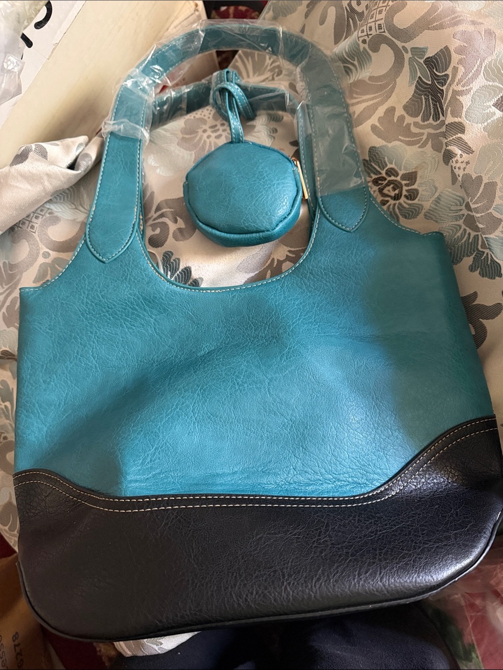 Teal and Black Two-Tone Shoulder Bag with Coin Pouch